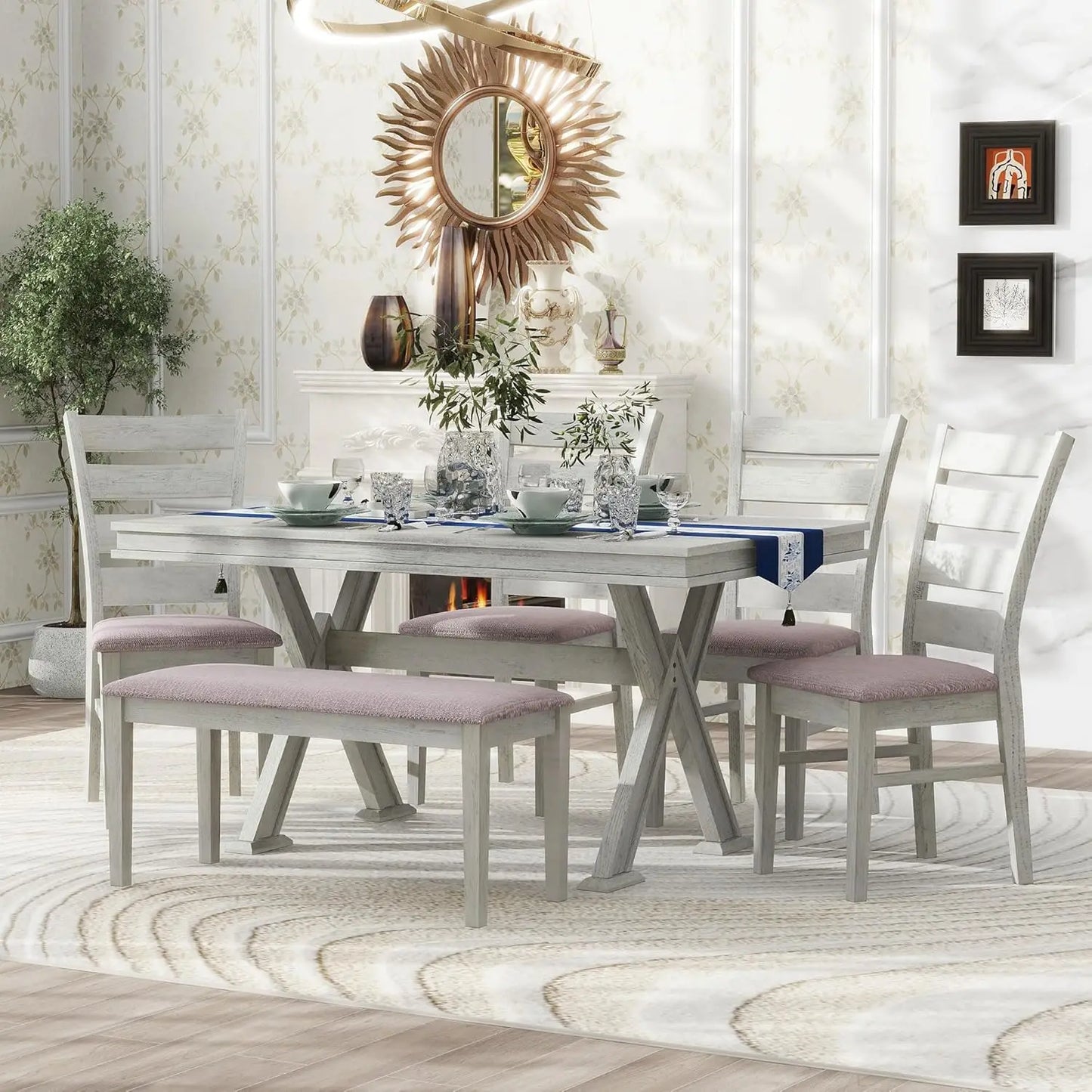 6 Pieces Dining Table Set with Bench, Rectangle Dining Table with 4 Upholstered Chairs & A Bench, Rubber Wood Dining Table Set