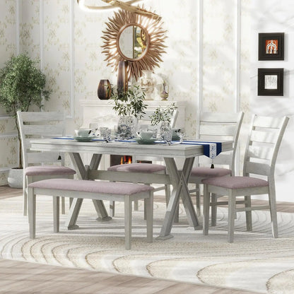 6 Pieces Dining Table Set with Bench, Rectangle Dining Table with 4 Upholstered Chairs & A Bench, Rubber Wood Dining Table Set