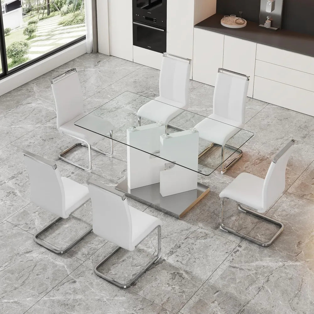 Modern dining table set for 6 people, glass table with 6 faux leather chairs, kitchen display table, suitable for living room