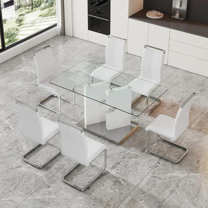Modern dining table set for 6 people, glass table with 6 faux leather chairs, kitchen display table, suitable for living room