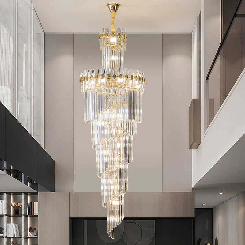 Post-Modern Duplex Villa Hall Crystal Chandelier Simple Light Luxury Jump Floor Floor Rotating Hollow Long Strip Crystal Chandel