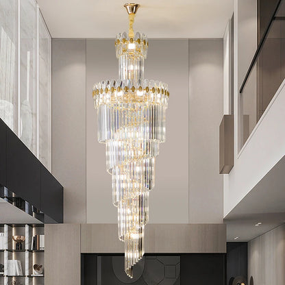 Post-Modern Duplex Villa Hall Crystal Chandelier Simple Light Luxury Jump Floor Floor Rotating Hollow Long Strip Crystal Chandel