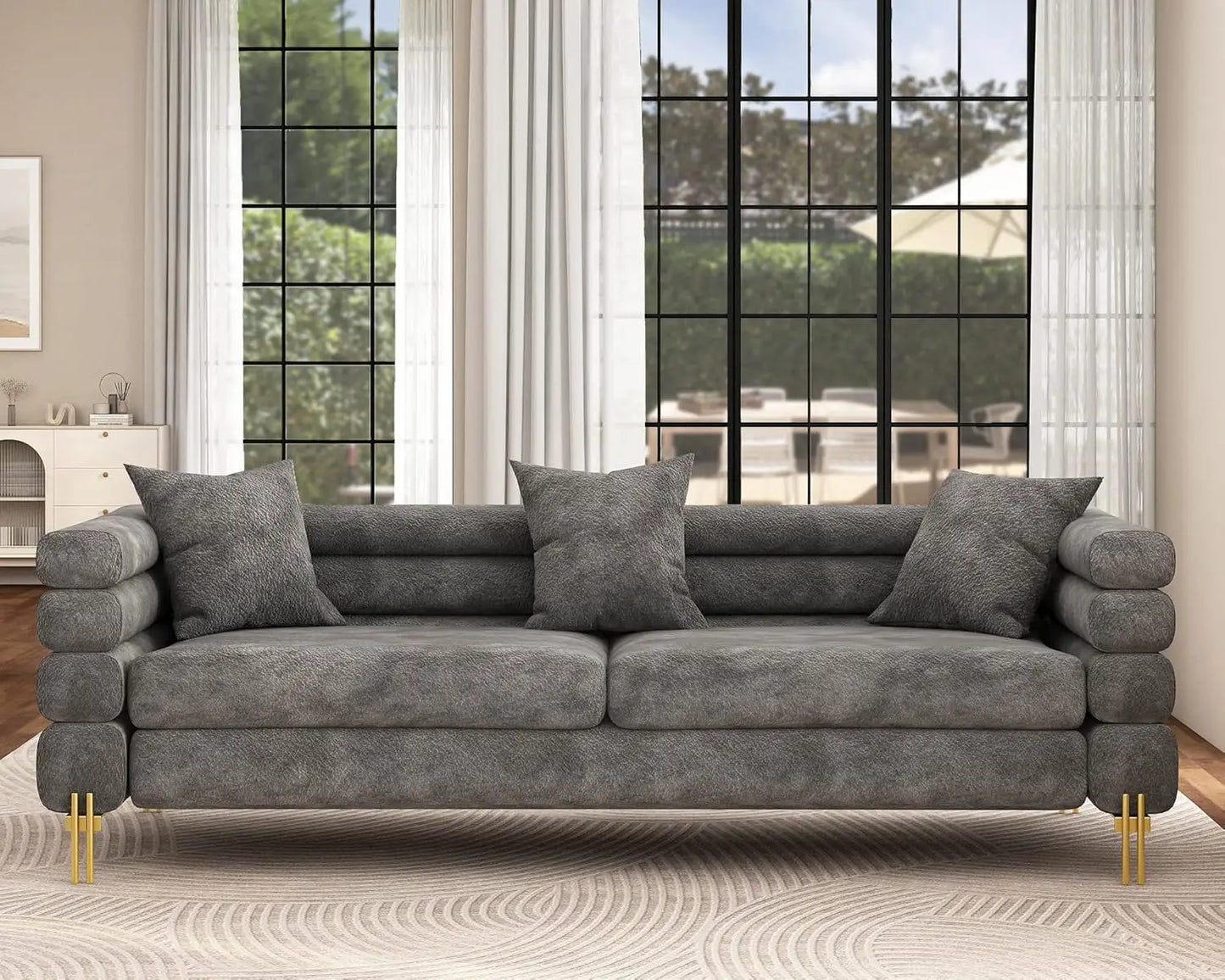 Oversized Sofa 85 Inch Sofa Couch 3 Seater Comfy Bouclé Deep Seat Sofa for Living Room Grey Streamlined Modern Style