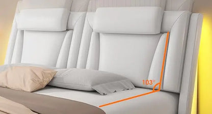 Upholstered Bed Frame, Adjustable LED Headboard, Pu Leather Platform Bed with Wave-Like Curve Design and Solid Wooden, Queen Bed