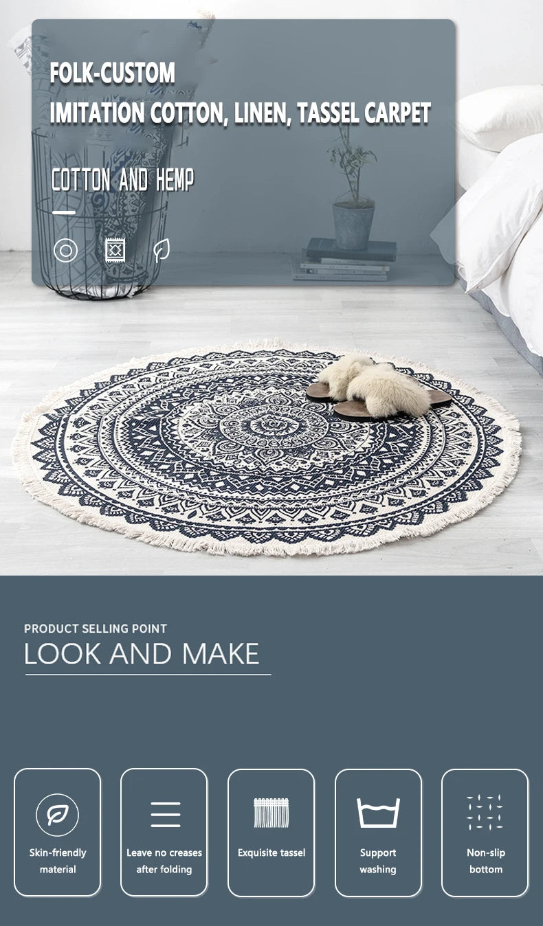 Hand Woven Cotton Linen Carpet Retro Bohemian Round Bedside Geometric Floor Mat Living Room Home Decor Boho Mandala Tassel Rug