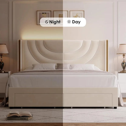 Queen Upholstered LED Bed Frame with 2 Storage Drawers, Velvet Platform Bed with Wingback Headboard, Solid Wooden Slats Support