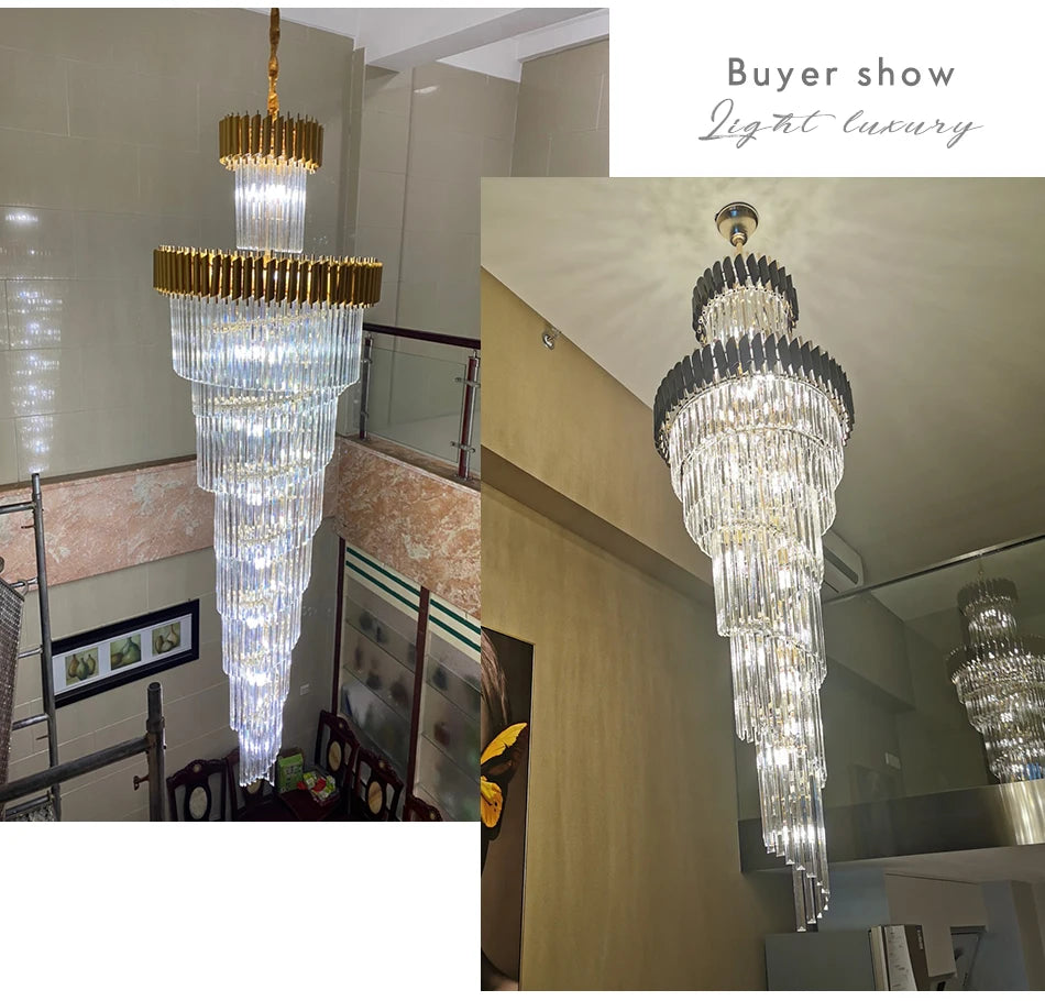 Large Top Long Crystal Led Chandeliers Hotel Hall Living Room Luxury Multi-layer Staircase Lighting Black Stainless Steel Light