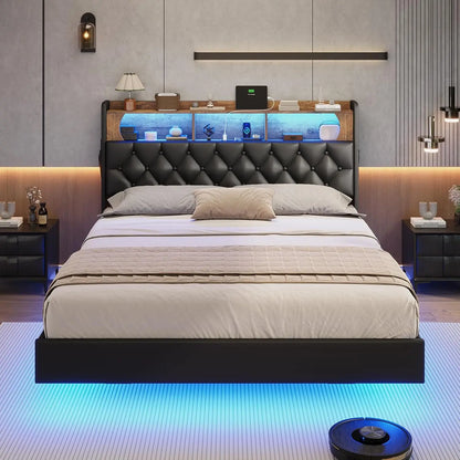 Floating Bed Frame, Floating Platform Bed with Charging Station with LED Lights & Storage Headboard, Modern LED Floating Bed