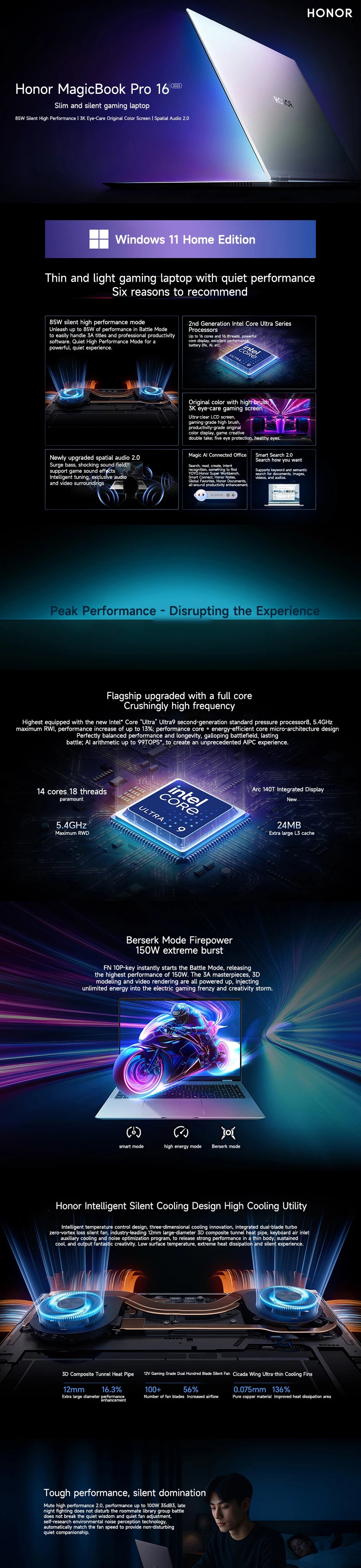 Honor Laptop MagicBook Pro 16 16-inch 2025 Intel Core Ultra 5 225H/Ultra 9 285H 24GB/32GB 1TB/2TB/4TB 165Hz 3K Gaming Laptop