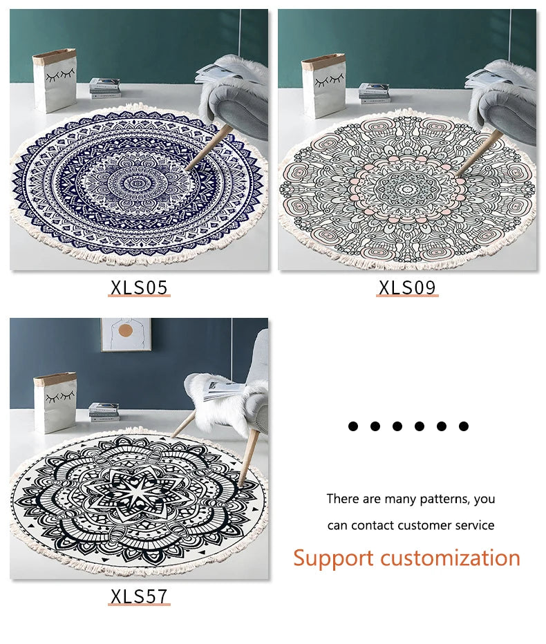 Hand Woven Cotton Linen Carpet Retro Bohemian Round Bedside Geometric Floor Mat Living Room Home Decor Boho Mandala Tassel Rug