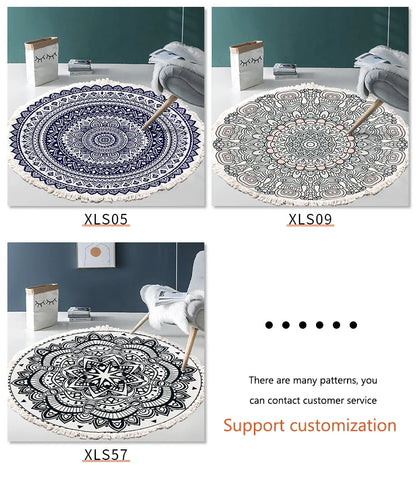 Hand Woven Cotton Linen Carpet Retro Bohemian Round Bedside Geometric Floor Mat Living Room Home Decor Boho Mandala Tassel Rug