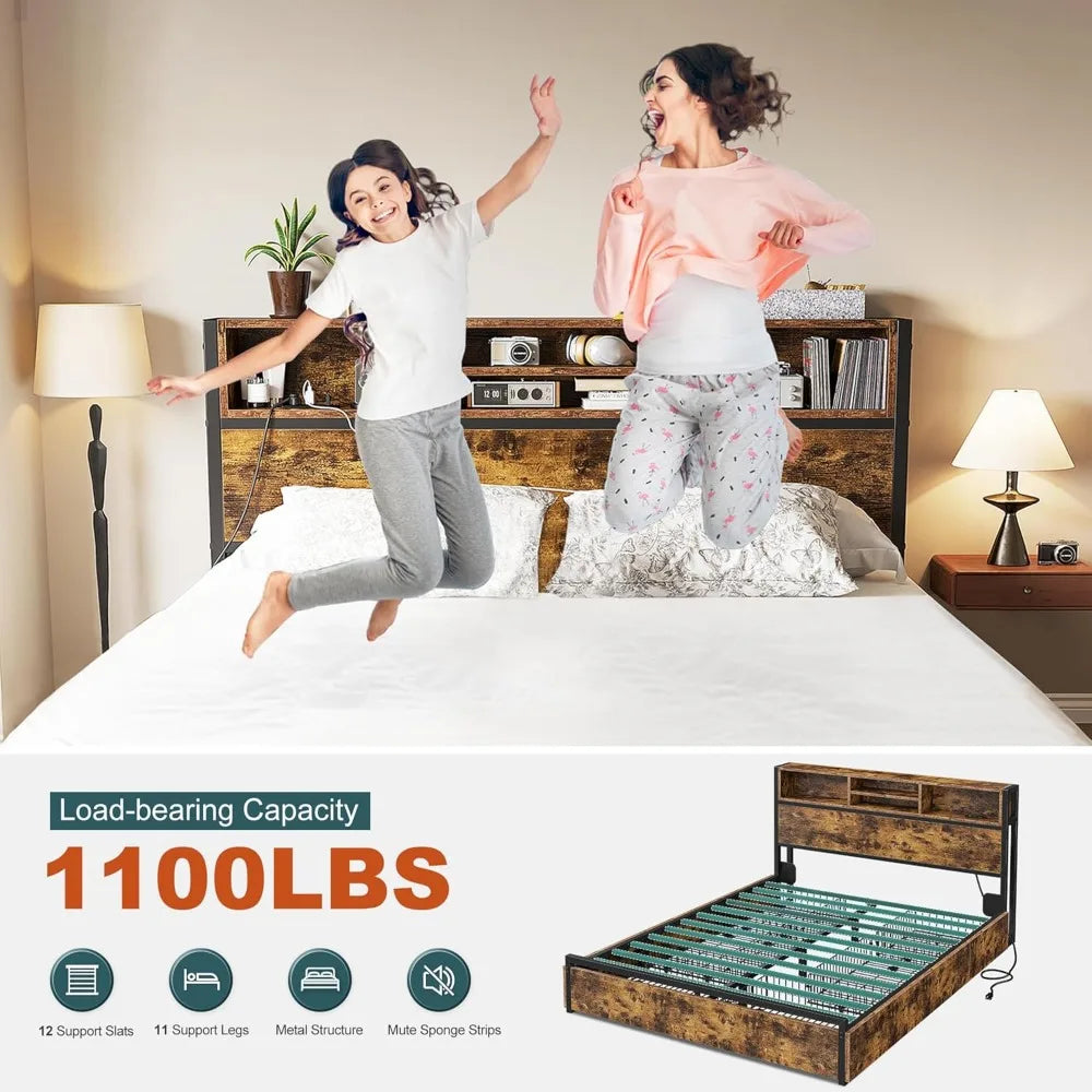 Queen Bed Frame with 6 Storage Drawers,Headboard,Charging Station & Storage No Noise,No Box Springs Needed,Vintage Brown.