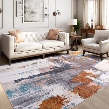 Area Rugs for Living Room, Machine Washable Vintage Rug, Non-Slip Low Pile Throw Rugs with Rubber Backing Washable Carpet