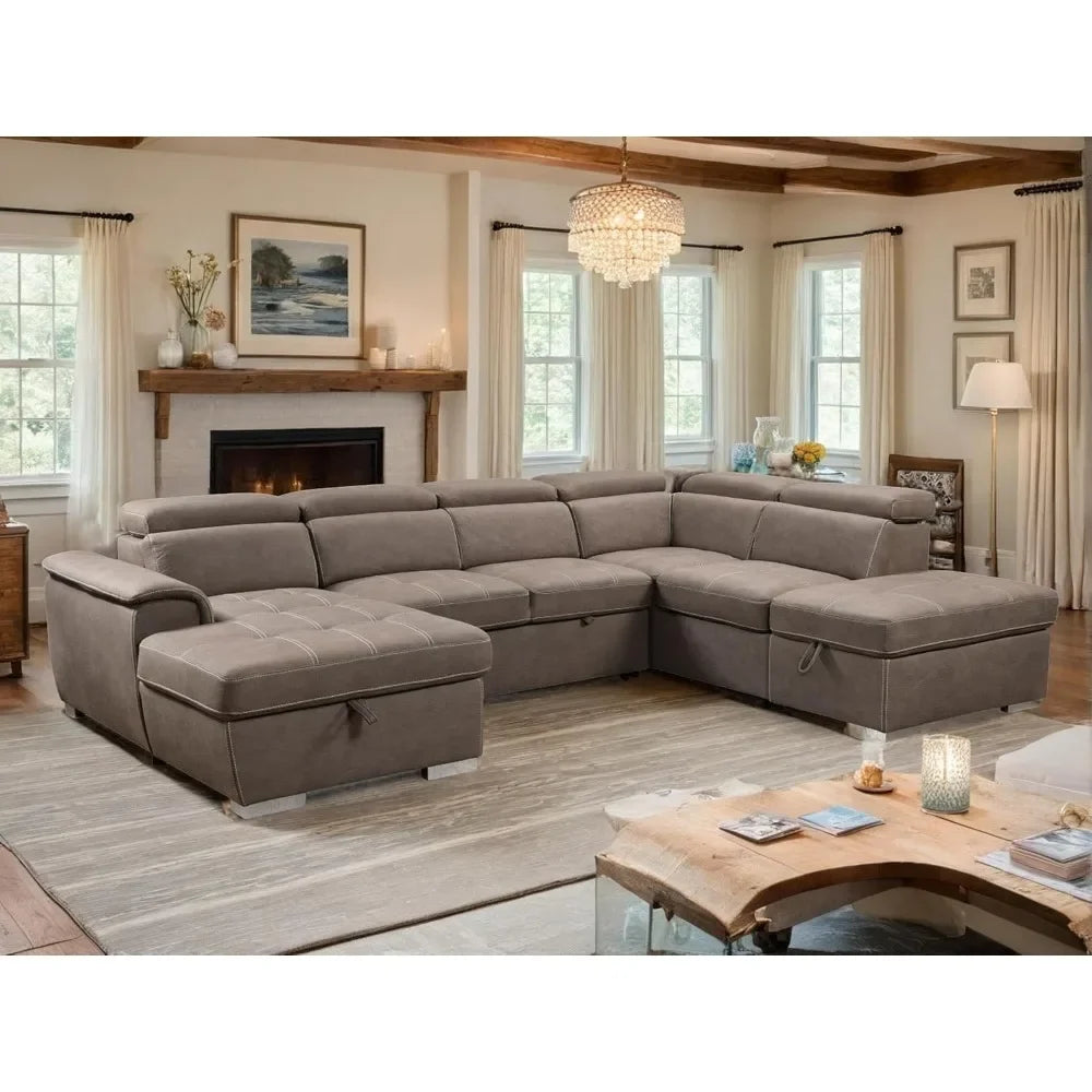 Wohnzimmer Sofas,U-Shaped Sectional Sofa with Pull-Out Bed, Adjustable Headrests, and Storage Chaise, U-Shaped Sectional Sofa