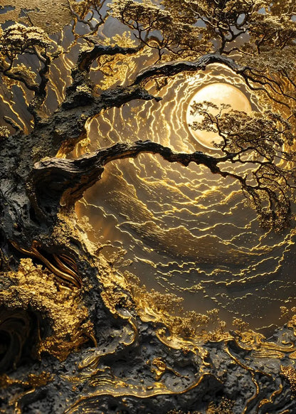 Golden Horizon Coastline Radiant Scenery Poster Moonlight Forest Bonsai Tree Waterfall Canvas Painting Wall Art Room Home Decor