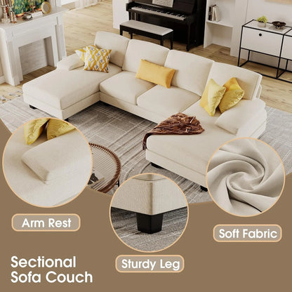 Sectional Couches for Living Room,U-Shaped Couch w/ Linen Fabric, 4 Seat Sofa Set w/ Double Chaise for Apartment (Fabric, White)