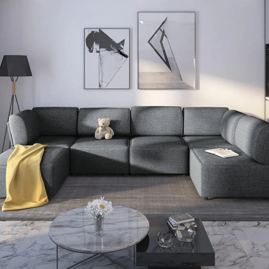 Modular Sectional Sofa with Chaise, Convertible Oversize L Shaped Couch with Reversible Ottoman,Linen 6 Seater Free Combination