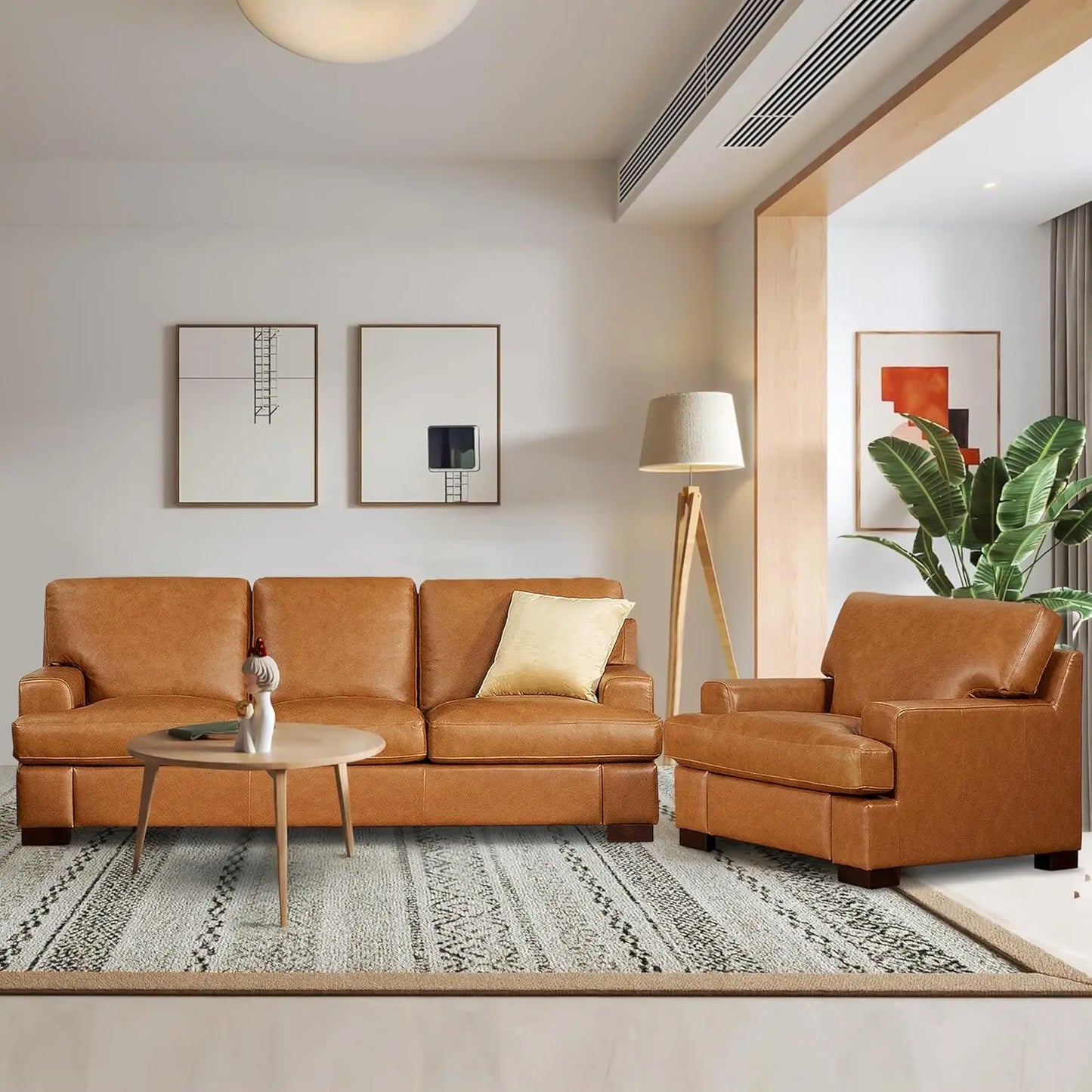 Genuine Leather Sofa - Luxurious Comfort, Goose Feather Cushion Filling, Square Arm Design, Sturdy Block Legs, Living Room Sofas