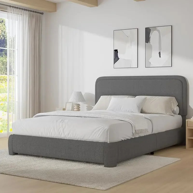 King and Headboard,Boucle Upholstered Platform Bed Frame,Modern Style,Soft Rounded Corners,No Box Spring Required,Easy