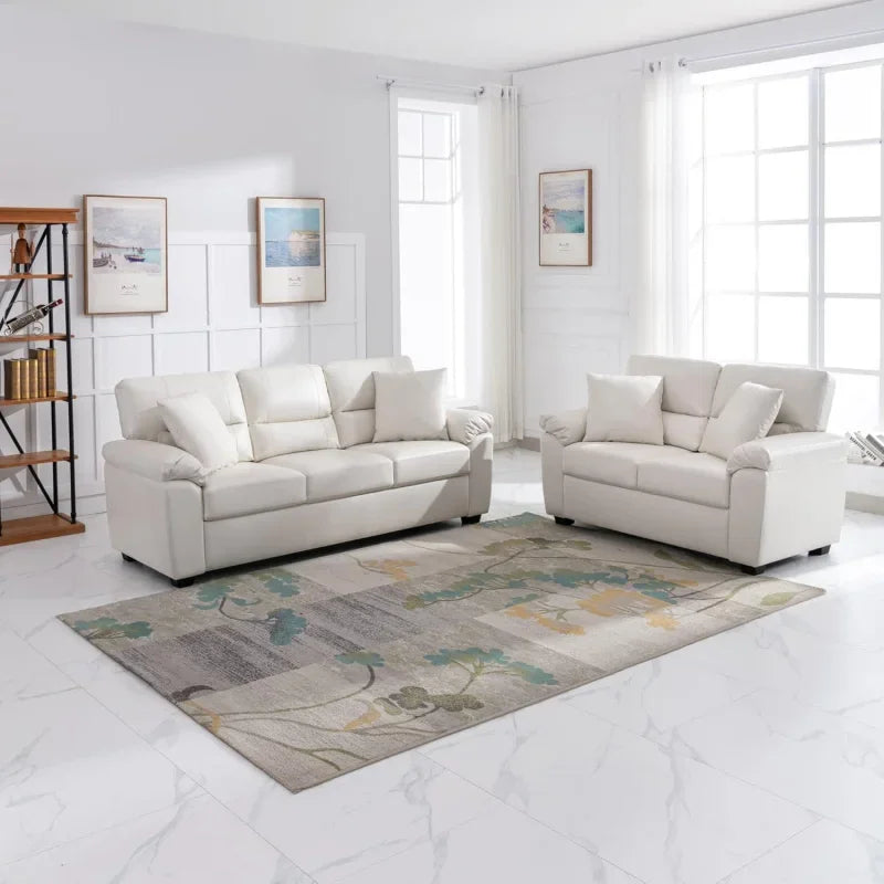Morden Fort white leather love seat and sofa set, modern luxury and comfy furniture sleeper pouches for living room, apartment,