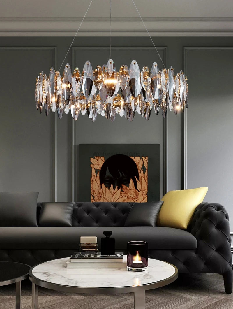 Modern Grey Clear Crystal Chandelier Light Luxury LED Lamp Fixture For Living Dining Room Winfordo Lighting