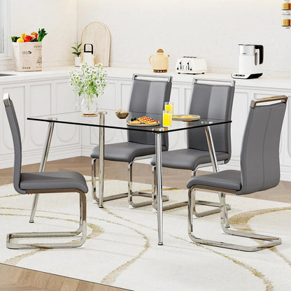 Glass Dining Table Set for 4,5 Piece Dining Table and Chairs Set，Modern Kitchen Dining Room Table with 4 Black PU Leather