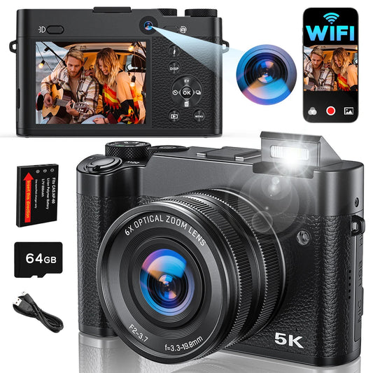 Digital Camera, 6X Optical Zoom & WiFi, 5K 30FPS 64MP Vlogging Camera, Rear & Front Cameras for Photography and Video, 64GB Card