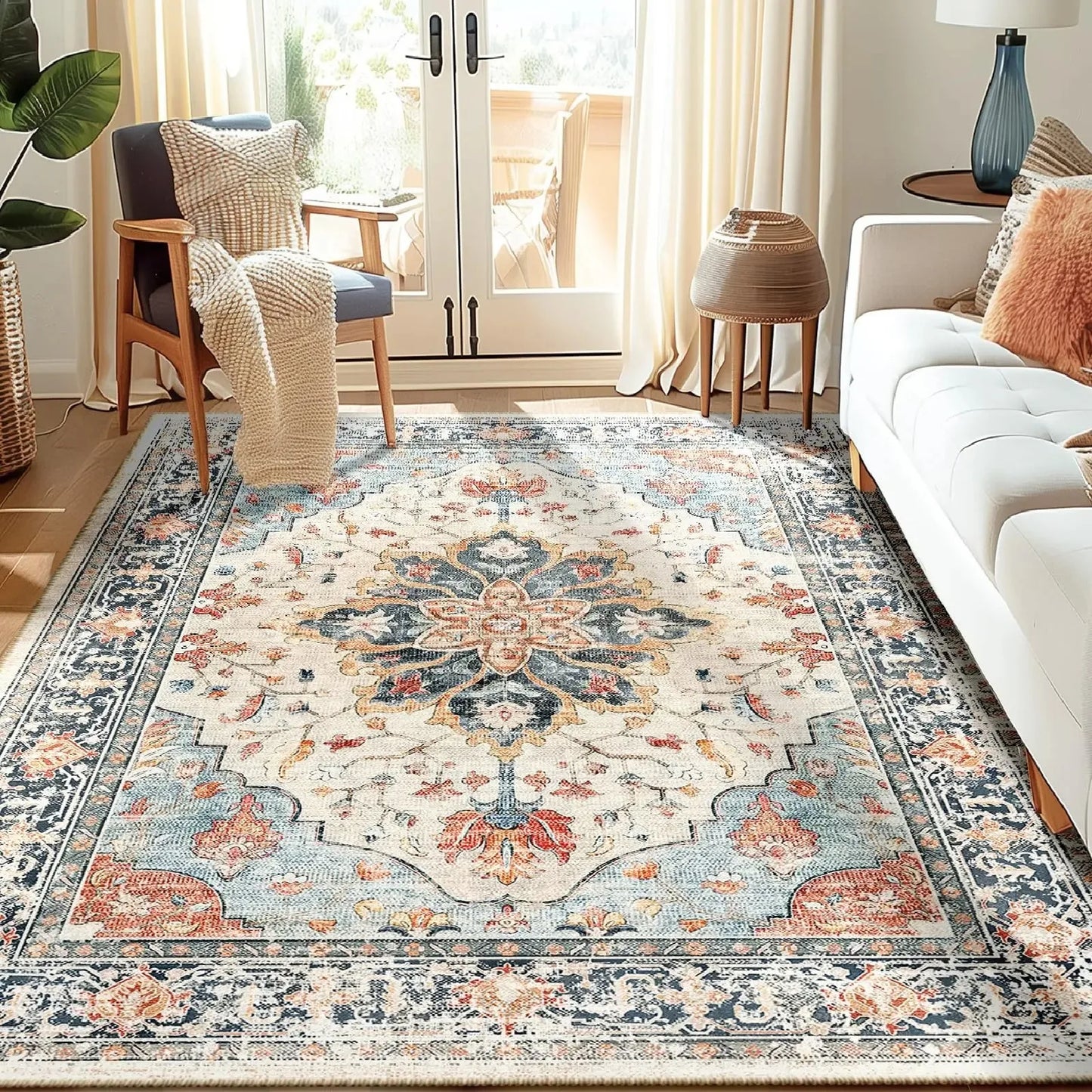 VIKAMA Boho Luxury Floral Loop-Pile Carpet - Chic Bohemian Area Rug for Living Room & Bedroom, Durable Non-Slip Mat Home Decor