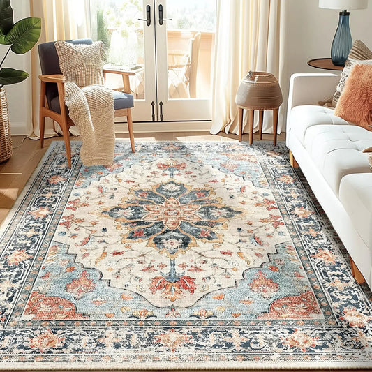 VIKAMA Boho Luxury Floral Loop-Pile Carpet - Chic Bohemian Area Rug for Living Room & Bedroom, Durable Non-Slip Mat Home Decor