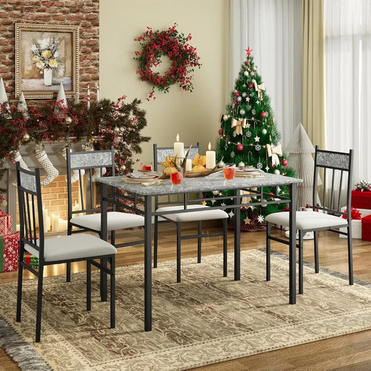 5-piece 4-person Dining Table Set, Imitation Marble Kitchen Table and Chairs 4-piece Set, Metal and Wooden Dining Table Set