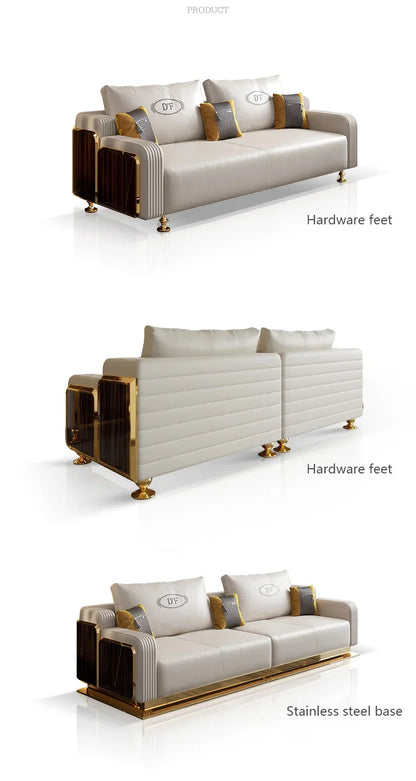 Modern Luxury Leather with Wooden Sofa Set, Fashion 2/3/4 Seater Sofa, Leather Couch for Living Room Accept Customzied Color
