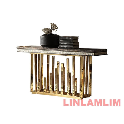 MINGDIBAO Dining Side Table with Sticking Seashells, Natural Marble Stainless Gold End Table, Handmade Coastal Style Furniture