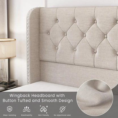 King Size Bed Frame with 4 Storage Drawers and Tufted Headboard Linen Upholstered Platform Bed Frame Wingback Beds.