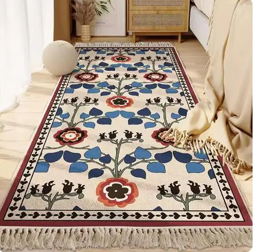 Morocco Bedroom Living Room Bedside Carpet Floor Mat Floral Kilim Cotton Linen Rectangular Rug Persian Tassel Carpet Tapis