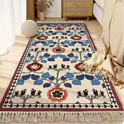 Morocco Bedroom Living Room Bedside Carpet Floor Mat Floral Kilim Cotton Linen Rectangular Rug Persian Tassel Carpet Tapis