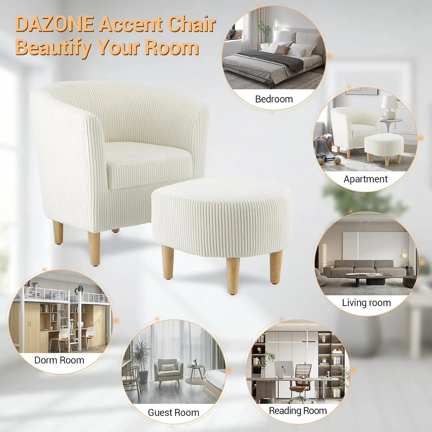 Accent Chair, Sherpa Chair White Fluffy Chair Teddy Barrel Chair with Ottoman Comfy ArmChair Footrest Set