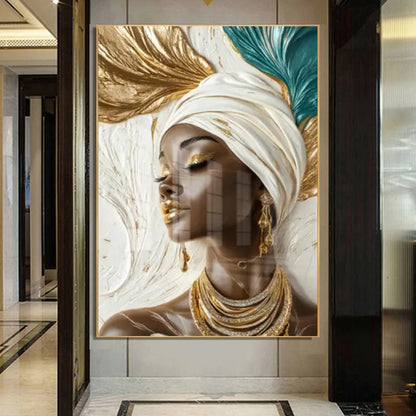 Elegant African Black Woman Wall Art Posters Print Luxury Gold Lip Gloss Gold Foil Turban Canvas Painting Living Room Home Decor