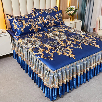3pcs Set Luxury Classic Floral Bed Skirt with Pillowcase, Ice Silk Flower Print Bedding Set for Dorm, Bedroom, Guest Room Decor