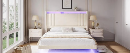 Floating Bed Frame, 50.8" Tall Headboard LED with Charging Station, Metal Platform Bed Frame, Upholstered Platform Beds Home