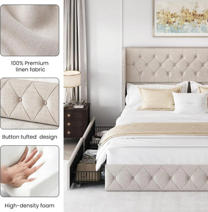 King Size Bed Frame with 4 Storage Drawers and Tufted Headboard Linen Upholstered Platform Bed Frame Wingback Beds.