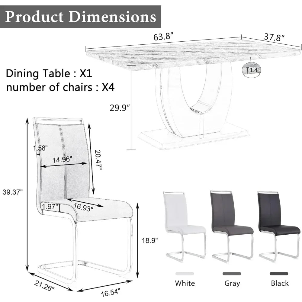 63" 7-Piece Dining Table Set, Faux Marble Table with 6 White PU Leather Dining Chairs, Dining Table and Chairs Set