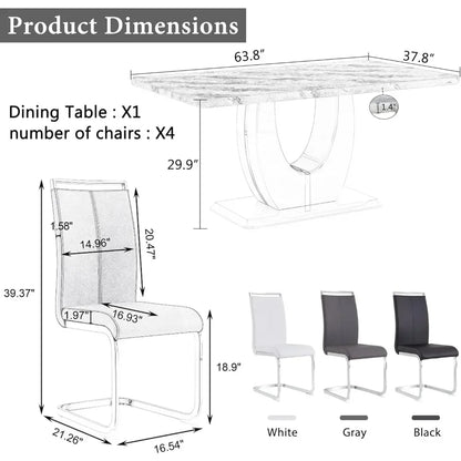 63" 7-Piece Dining Table Set, Faux Marble Table with 6 White PU Leather Dining Chairs, Dining Table and Chairs Set