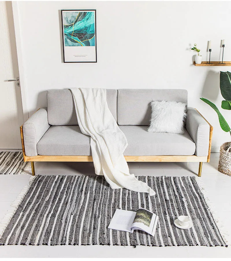 Cotton Tassel Carpet Rug Handmade Bedroom Rug Bedside Floor Mat Entrance Doormat Stripe Kitchen Mat Machine Washable Bath Rug