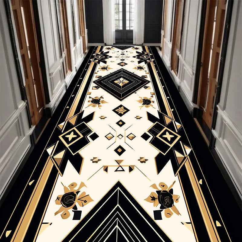 Luxury Black Golden Long Corridor Carpet Hall Runner Decor Non-slip Washable Stairway Rugs European Aisle Floor Mat Customizable