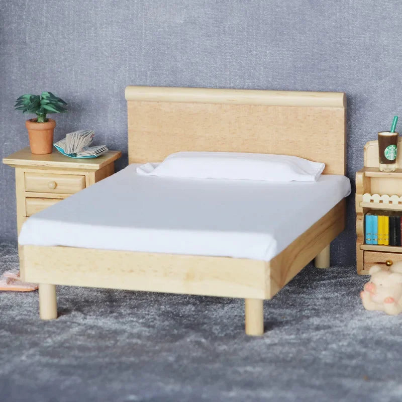 1:12 Scale Miniature Dollhouse Double Bed Mini Bedroom Wardrobe Furniture for OB11 BJD Doll Accessories Toy
