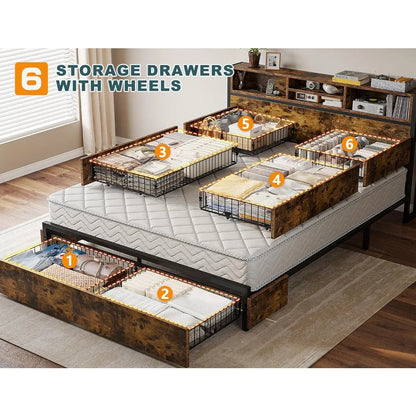 Queen Bed Frame with 6 Storage Drawers,Headboard,Charging Station & Storage No Noise,No Box Springs Needed,Vintage Brown.