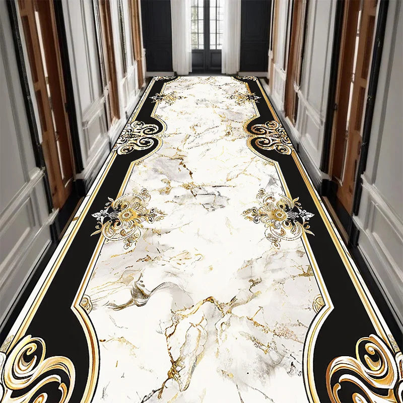 Luxury Black Golden Long Corridor Carpet Hall Runner Decor Non-slip Washable Stairway Rugs European Aisle Floor Mat Customizable