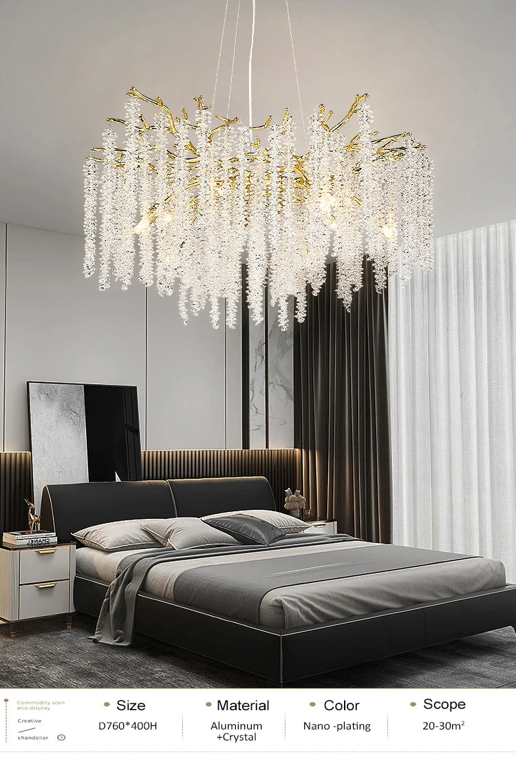 Round Gold Crystal Chandelier For Bedroom Living Room Dining Room Lounge Modern Luxury Gold Ceiling Crystal Branch Chandeliers