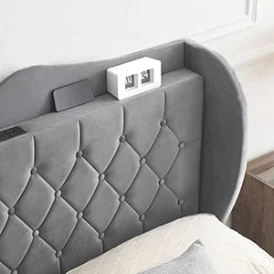 Bed Frame, 4 Storage Drawers and Charging Station Velvet Upholstered Bed with Tall Headboard and Storage Shelf, Bedroom Furnture