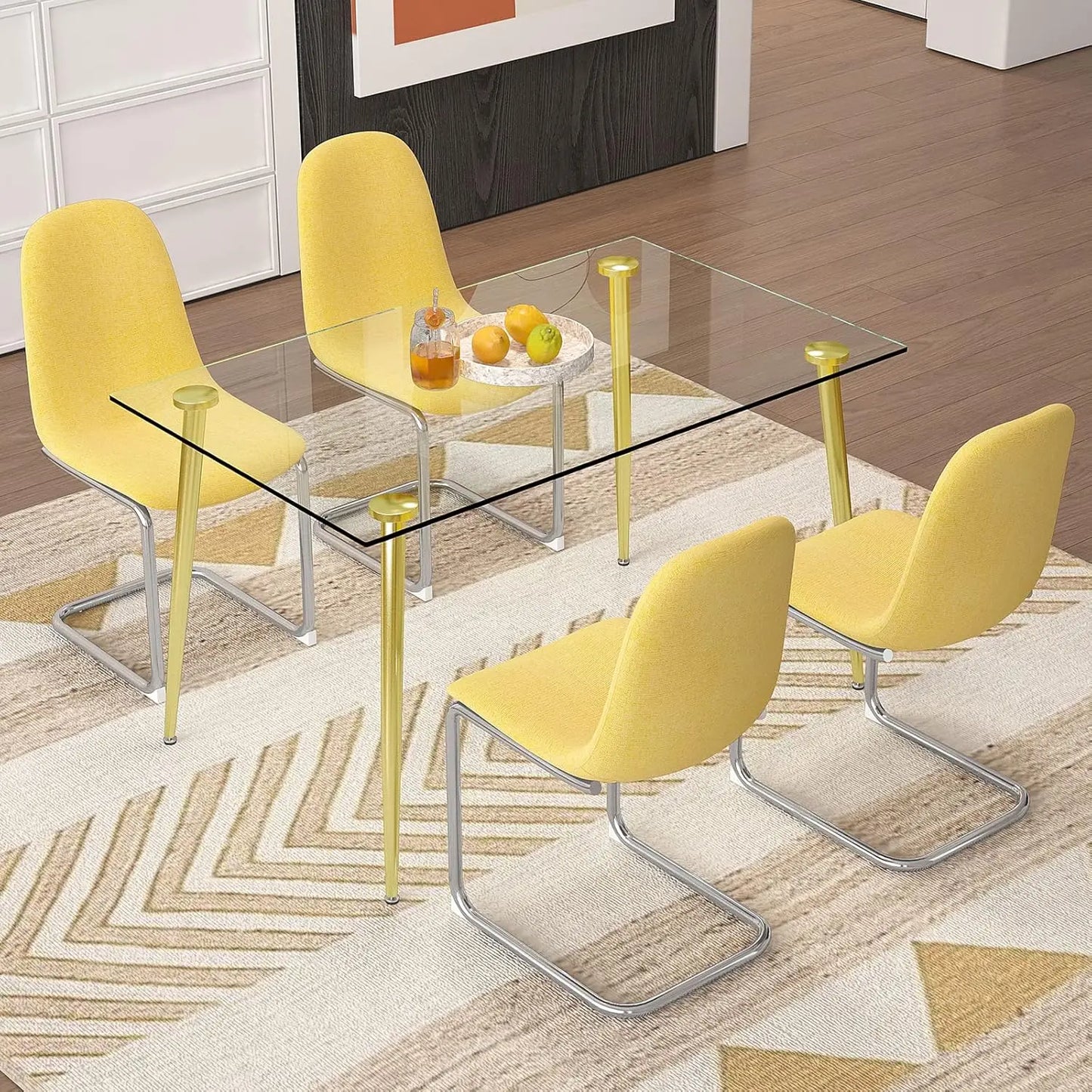 Glass Dining Table Set for 4,5 Piece Dining Table and Chairs Set，Modern Kitchen Dining Room Table with 4 Black PU Leather